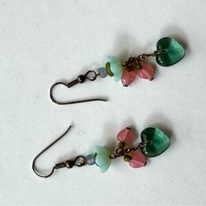 Dangling Heart Drop Earrings in Green, blue, and Pink